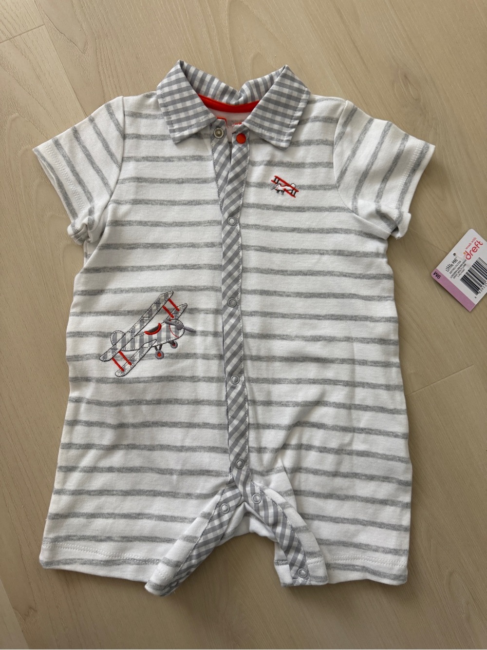Little Me Striped Airplane Romper - Gray & White with Orange  9 Months